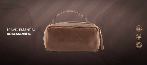 Handmade World Leather Toiletry Bag Banner with Brown Background