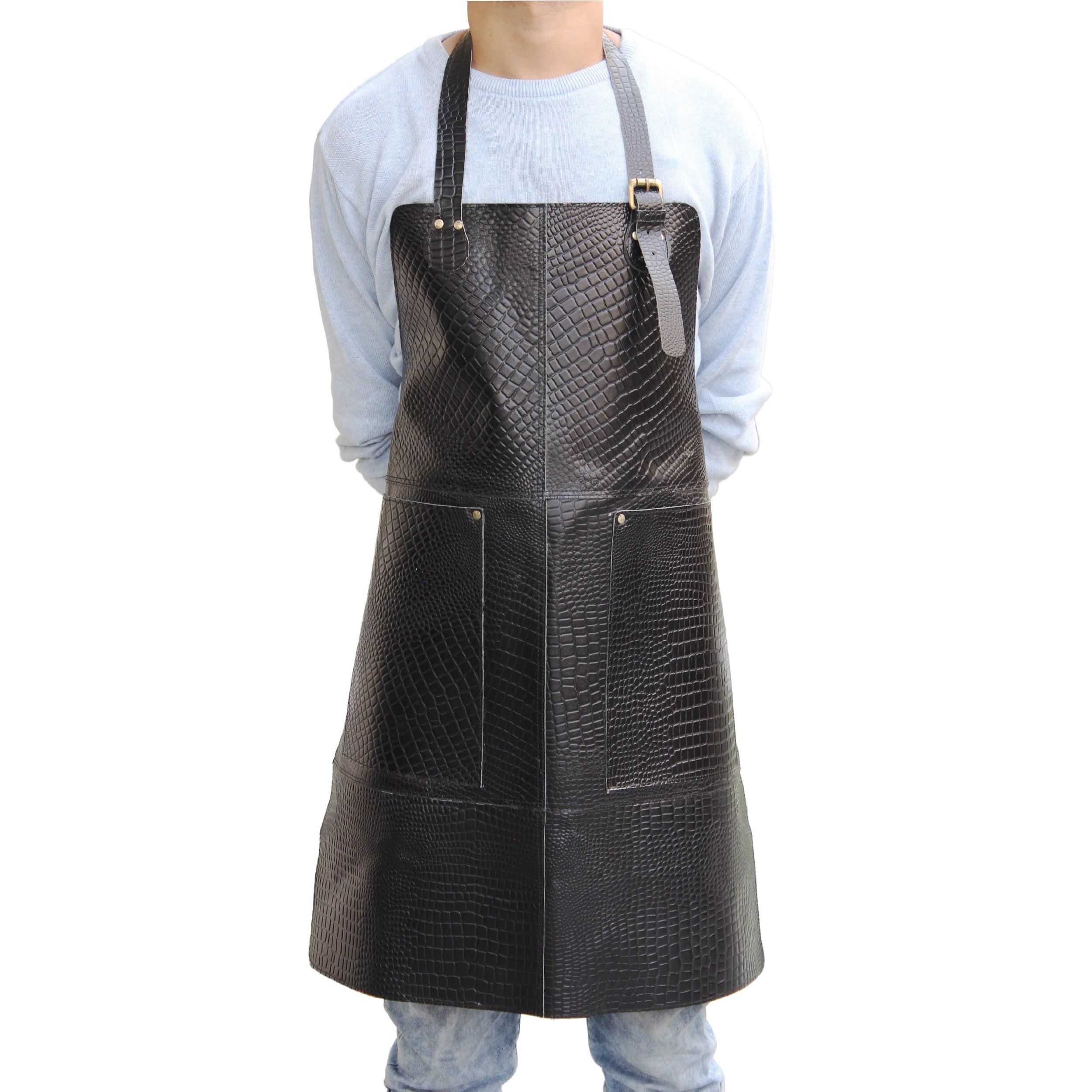 Genuine Buffalo Leather Crocodile Textured Apron - Black
