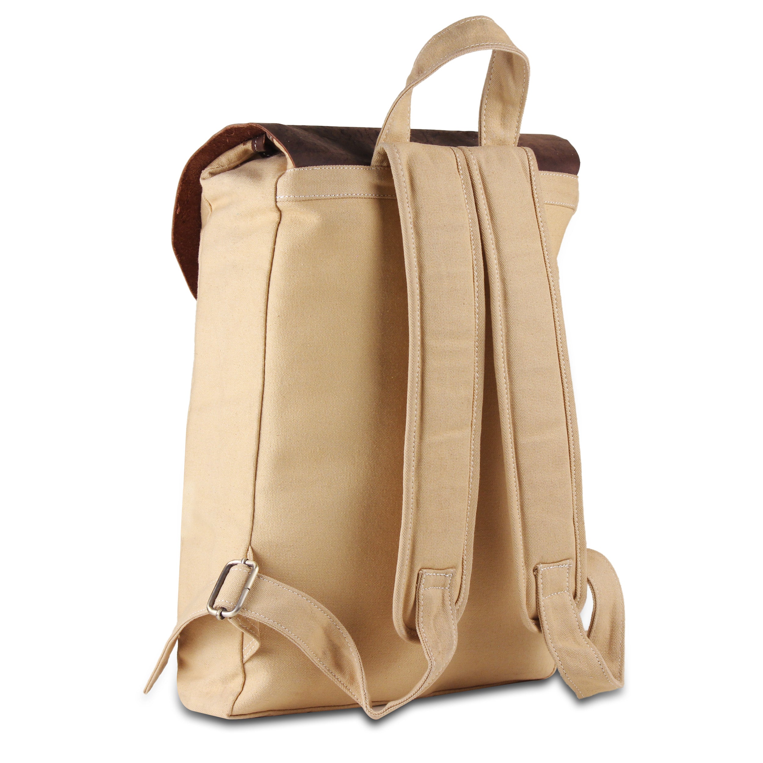 Posterior View of Leather Canvas Backpack - Cream