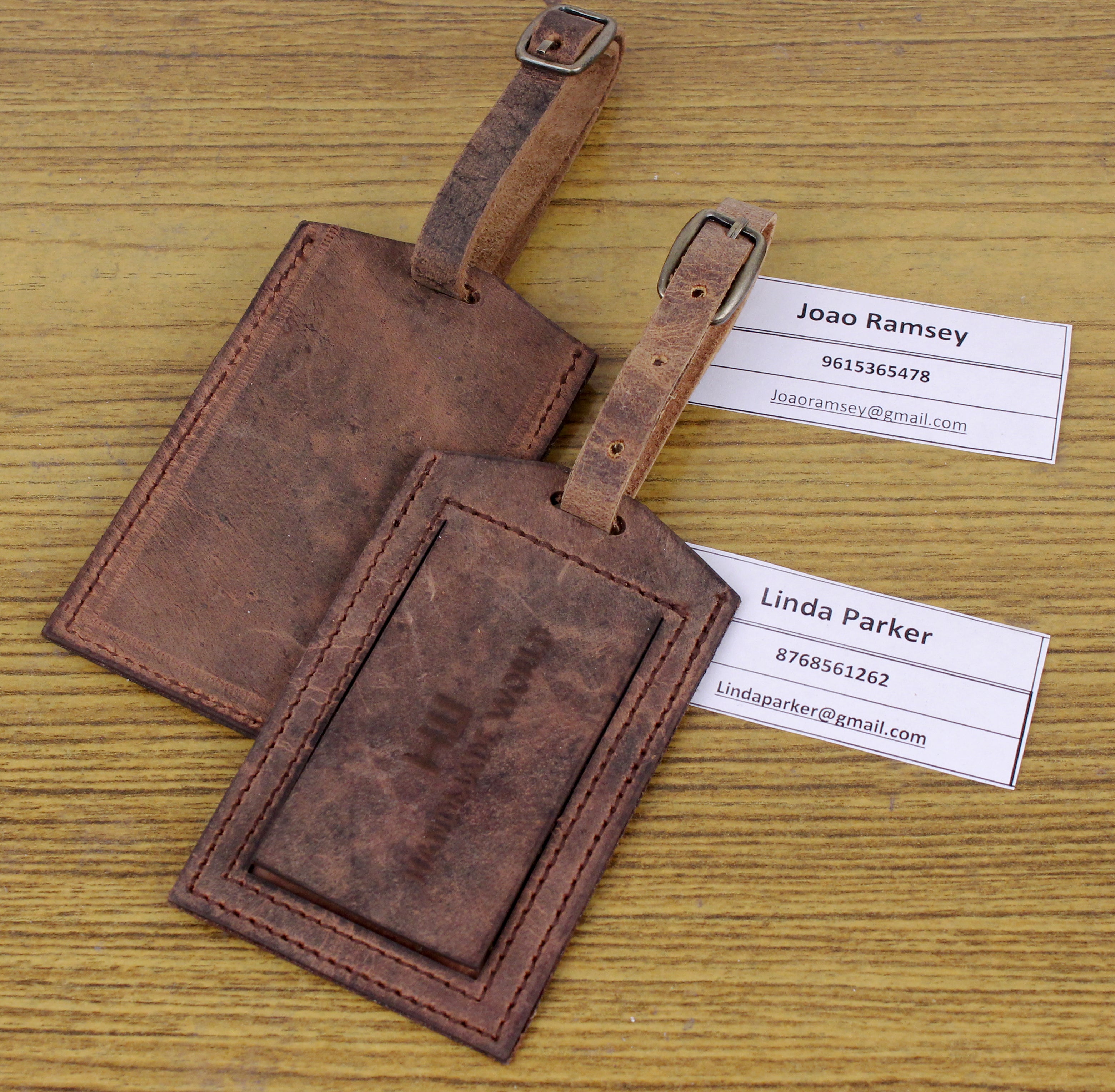 Brown Leather Messenger Duffle Bag Name ID Tag with Brass Buckle
