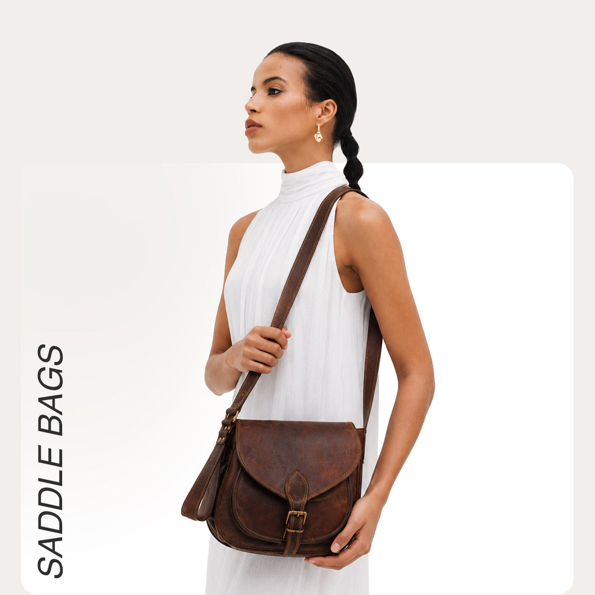 Handmade World Leather Ladies Saddle Bags with Brown Background
