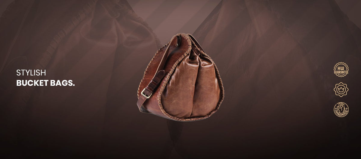 Handmade World Leather Ladies Brown Bucket Bag Banner with Brown Background
