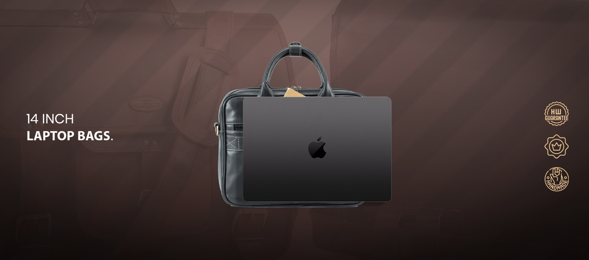 Handmade World Leather Laptop 14 Inch Bag Showing with laptop(For Size Comparison).