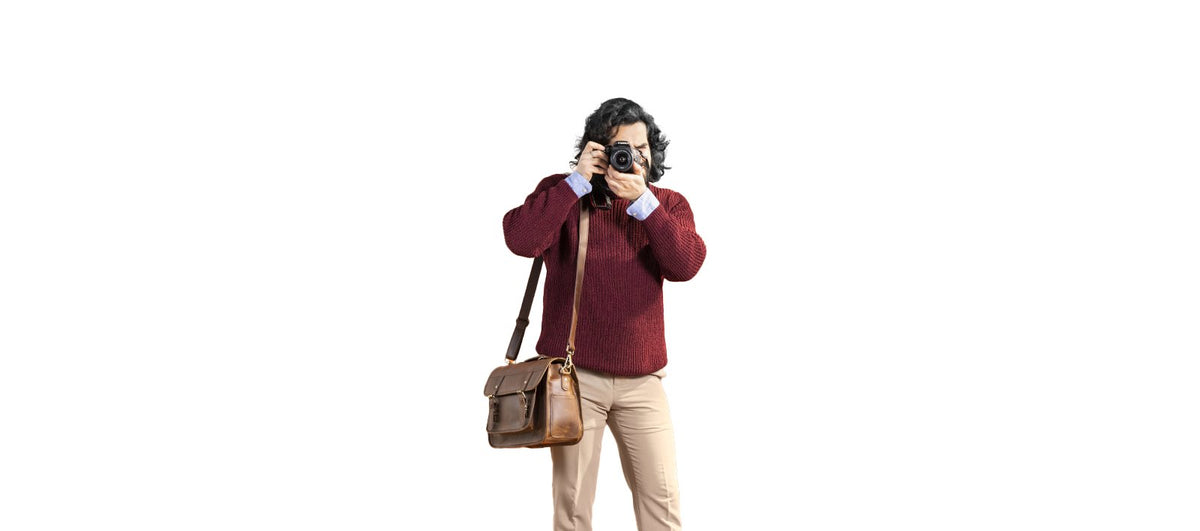 Handmade World Leather DSLR Camera Bag with Brown Background