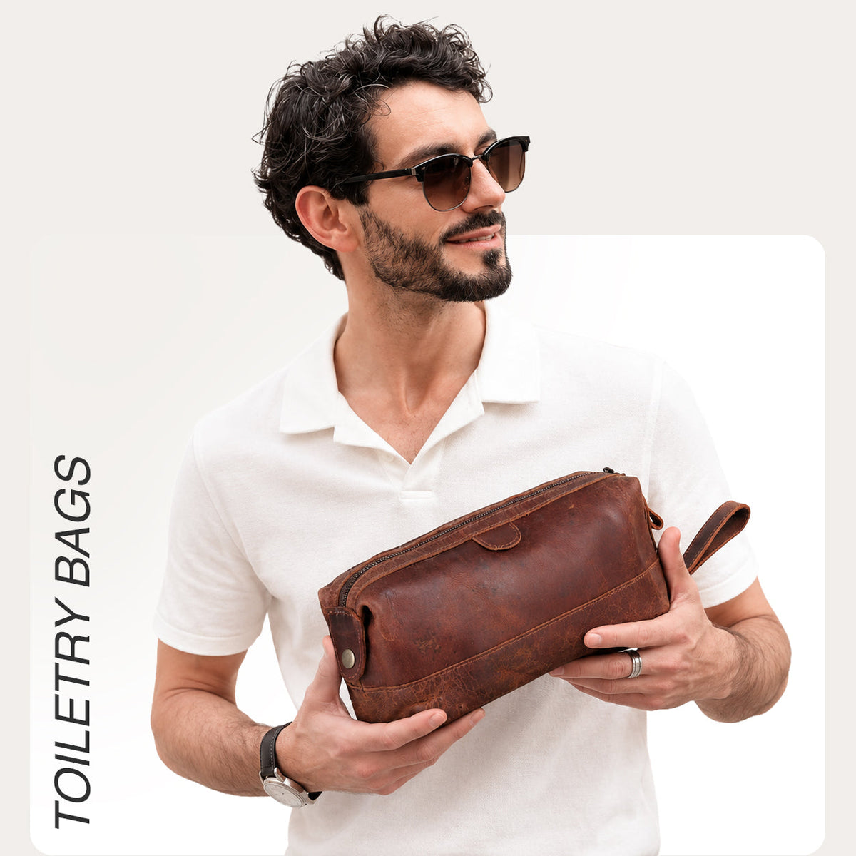 Handmade World Leather Toiletry Bag Banner with Brown Background