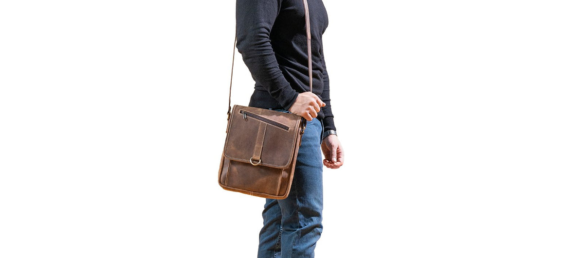Leather Tablet Bag Banner Image with Brown Background
