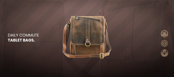 Leather Tablet Bag Banner Image with Brown Background