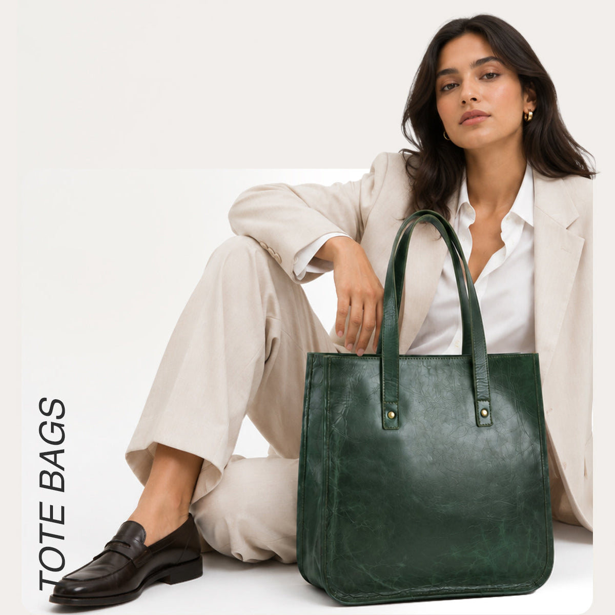 Green Women's Leather Tote Bag Banner with Brown Background