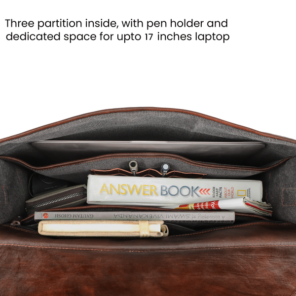 Interior of the leather bag having canvas lining and  2 partition, 1 dedicated padded laptop sleeve and 1 spacious compartment, has pen holders, and big inner zipper pocket