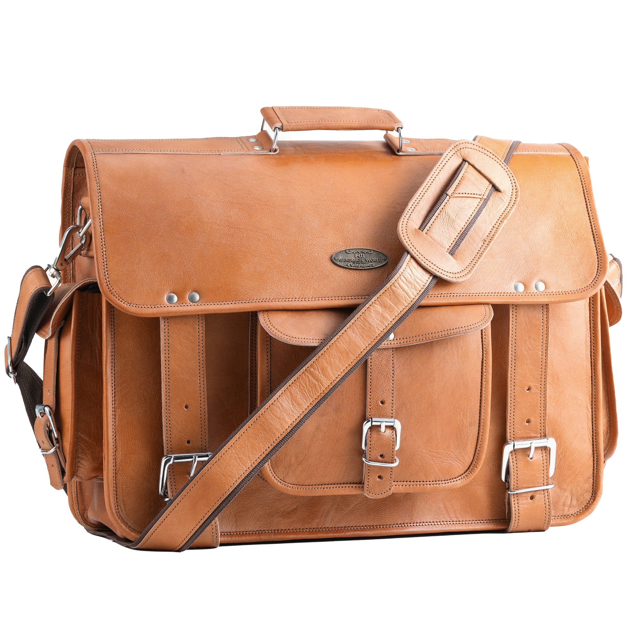 Handmade World Tan Leather Messenger Bag with front pocket and 2 buckles and shoulder strap
