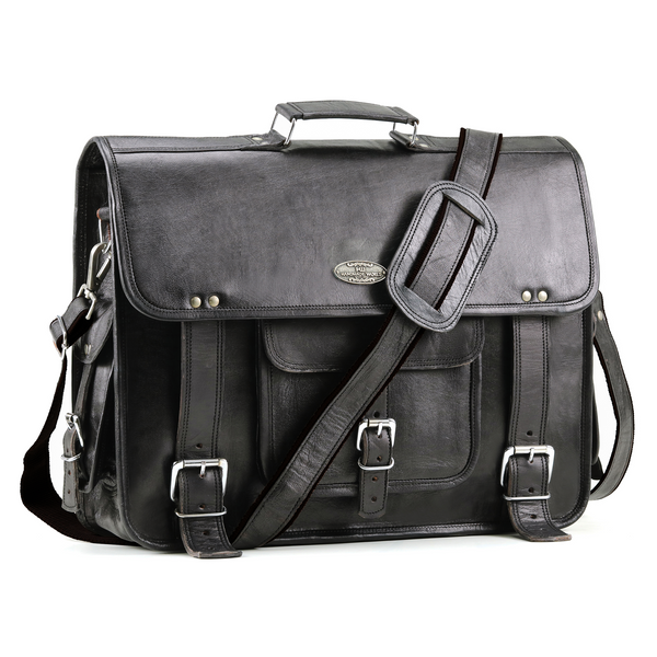 Handmade World Black Leather Messenger Bag with front pocket and 2 buckles and shoulder strap