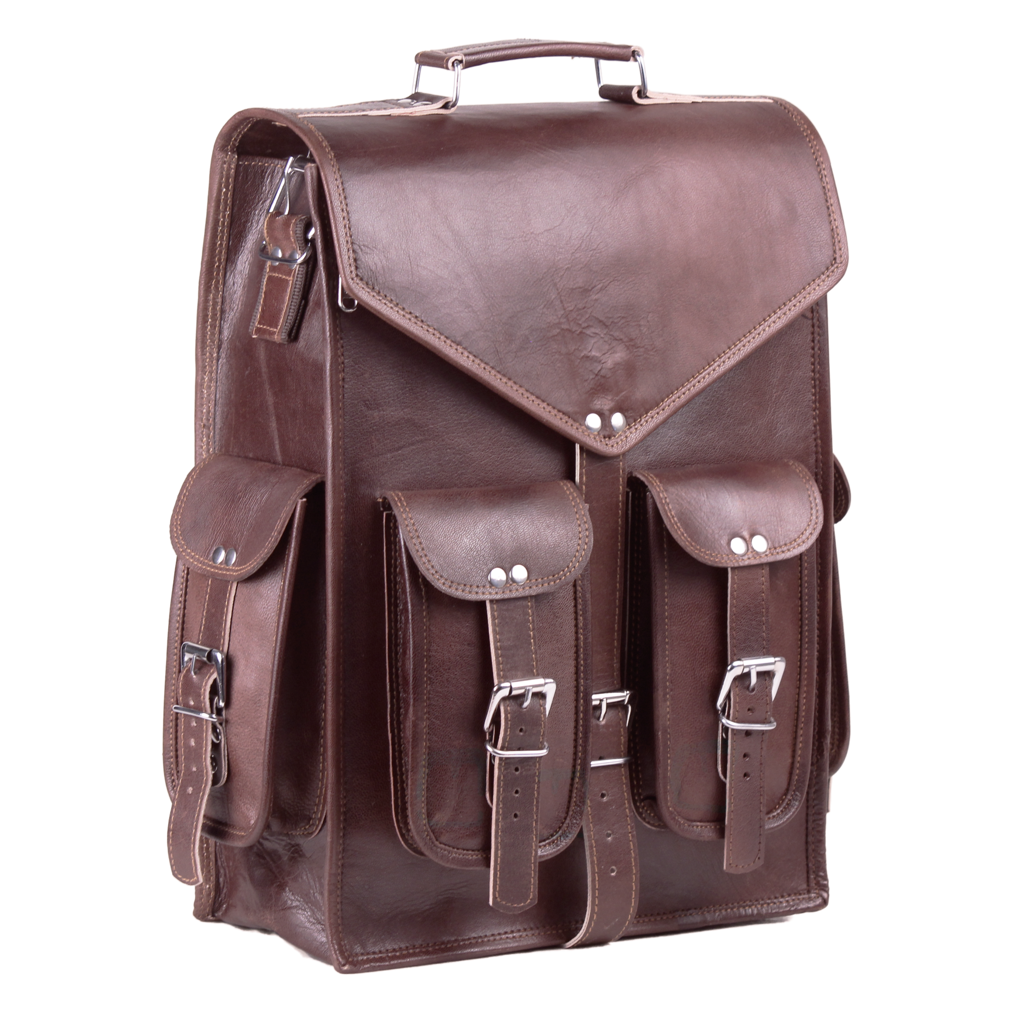 Historic Convertible Brown Leather Backpack By Handmade World