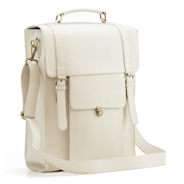 Handmade World Leather Backpack Convertible To Vertical Messenger Computer Bag 'The Edward' Fits 17 Inch Laptop For Business (White)