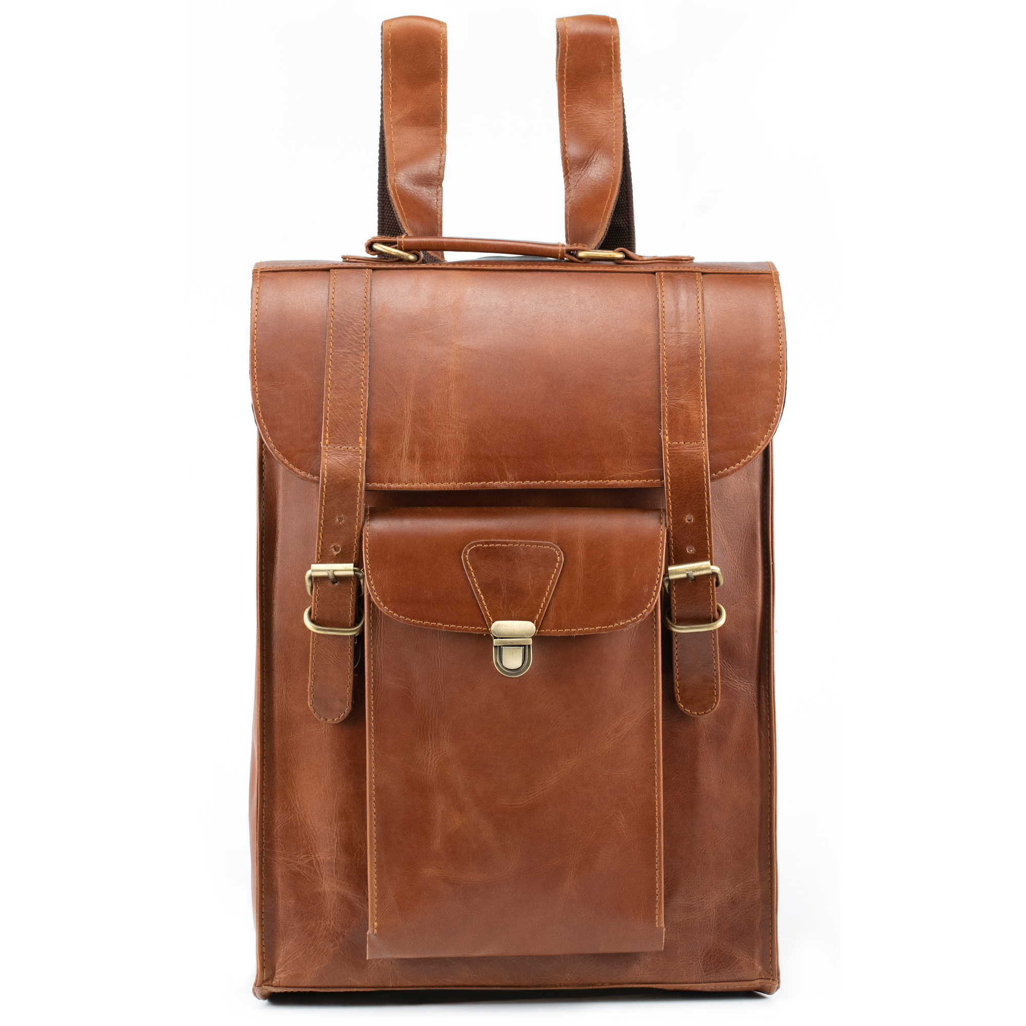 Handmade World Light Brown Vertical Convertible leather Messenger Backpack with front pocket and 2 buckle closure