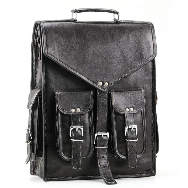Historic Convertible Black Leather Backpack By Handmade World Messenger Bag 16 x12 x5 Inches