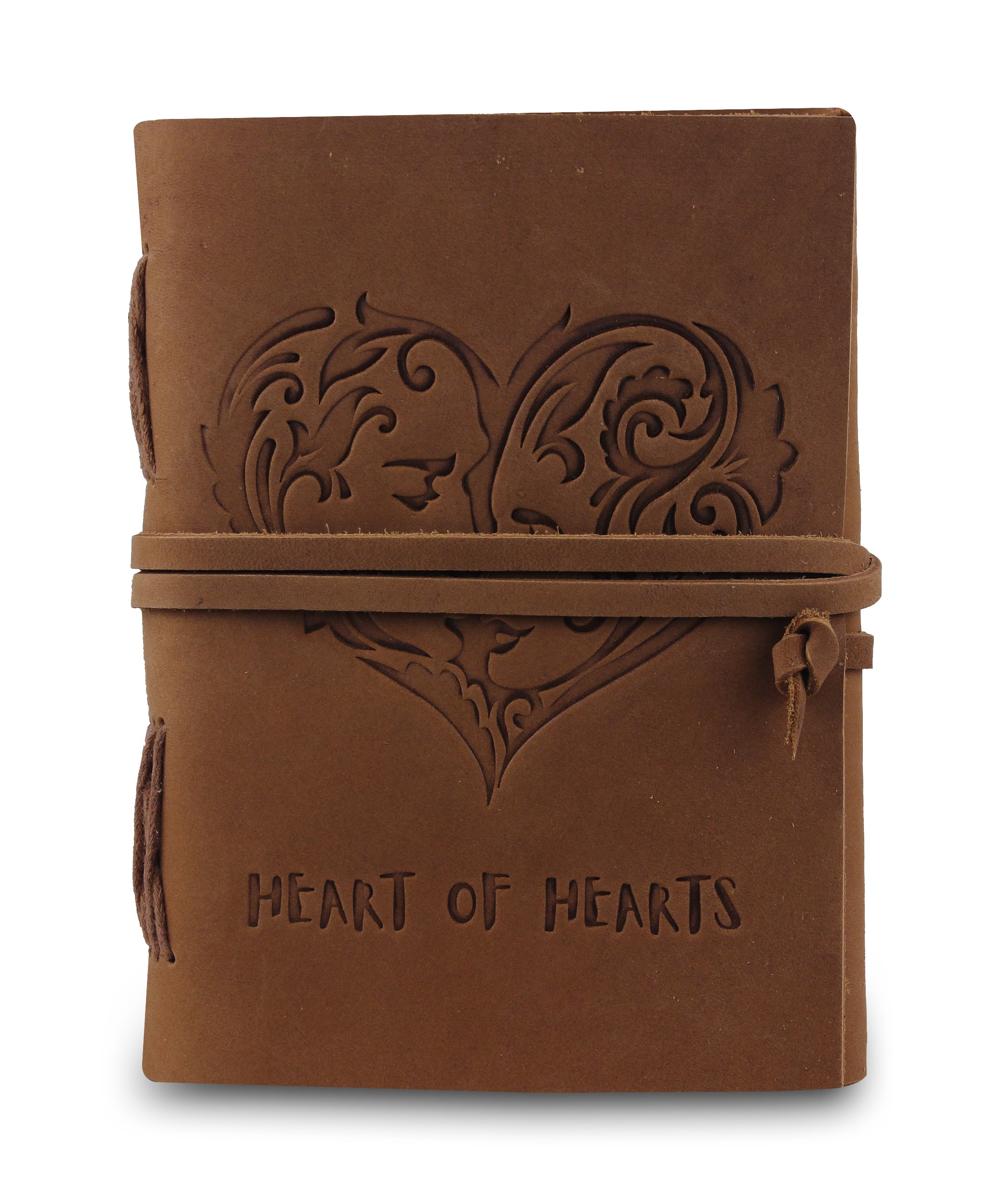 Light Brown Leather Journal By Handmade World Front View with Heart Shape Embossing, leather strap closure Heart of Heart Written at bottom of the page.