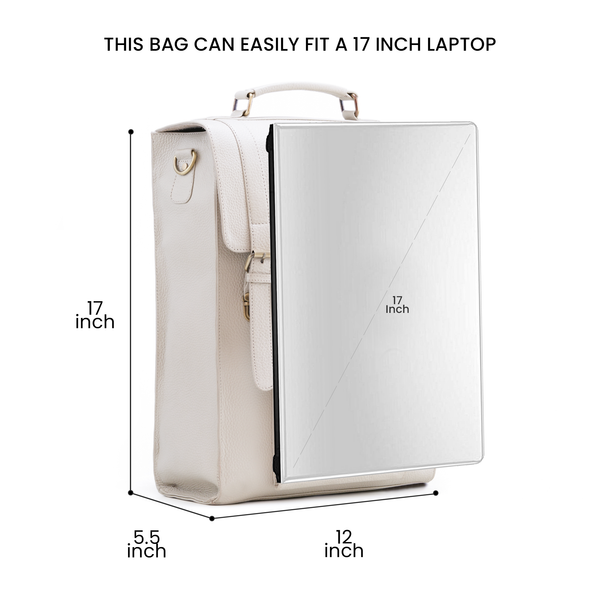 Handmade World Leather Backpack Convertible To Vertical Messenger Computer Bag 'The Edward' Fits 17 Inch Laptop For Business (White)