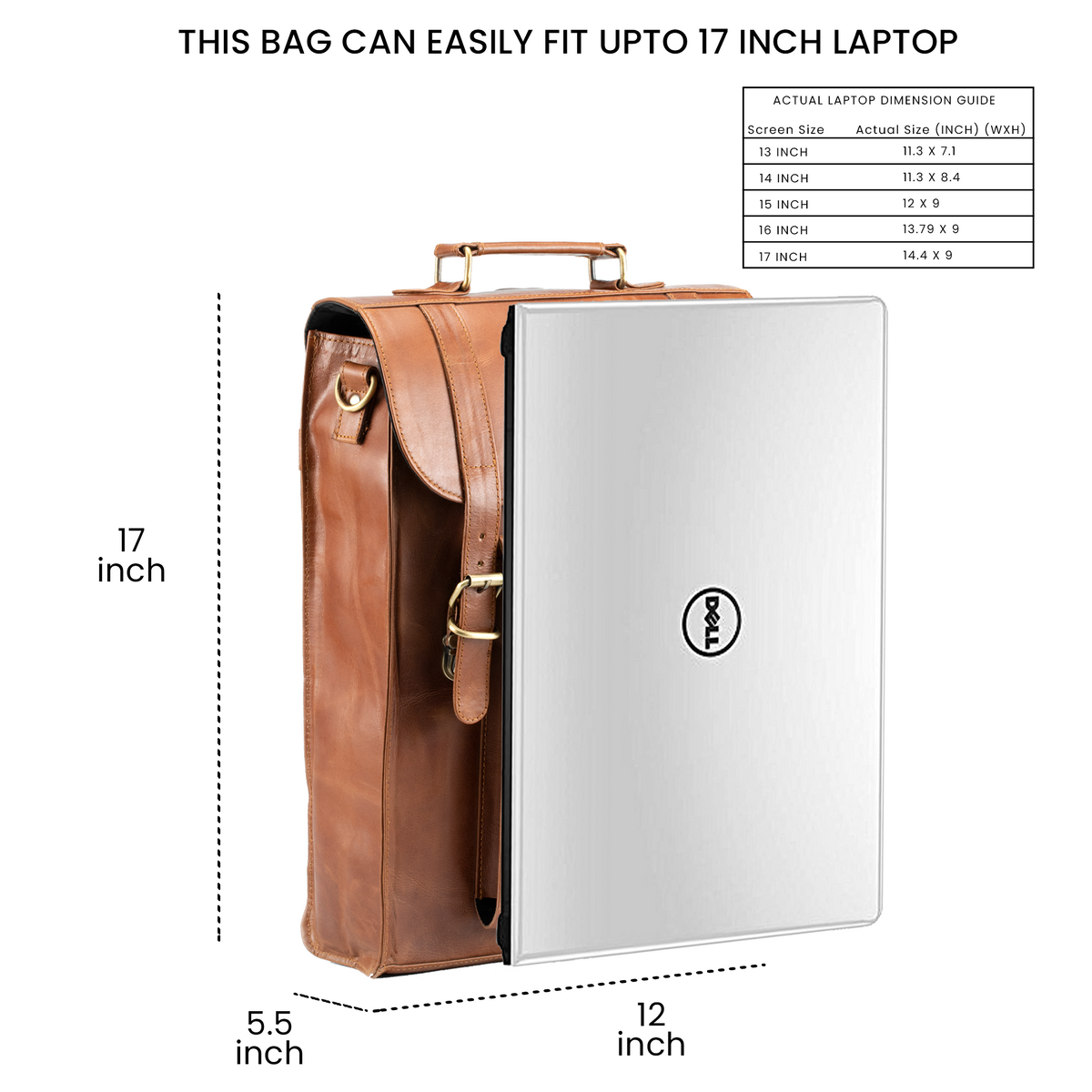 showing the size comparison of the bag with a laptop and size chart is provided for better comparison