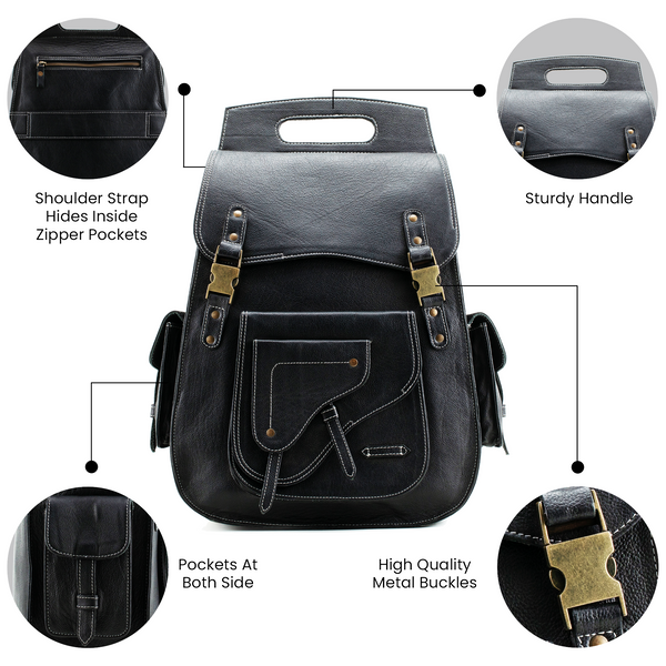 black leather backpack with side pockets The Elegant Expanse Black