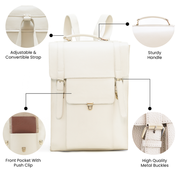 Handmade World Leather Backpack Convertible To Vertical Messenger Computer Bag 'The Edward' Fits 17 Inch Laptop For Business (White)