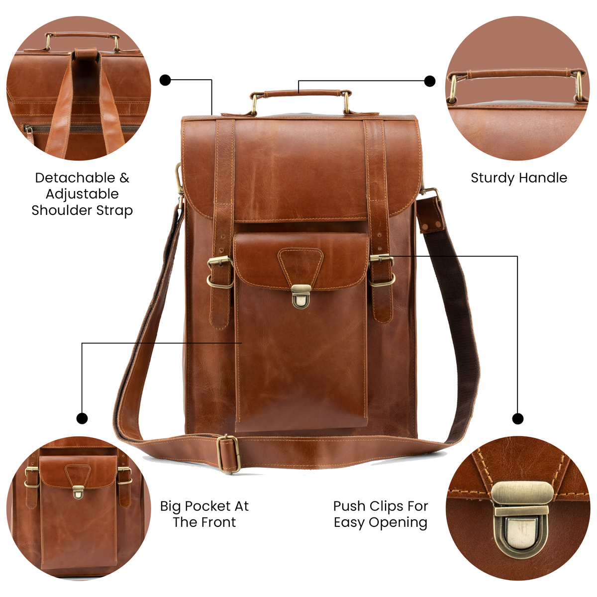 Highlighting the features of the bag like detachable & adjustable shoulder strap, sturdy top handle, front pocket, and push clip closure