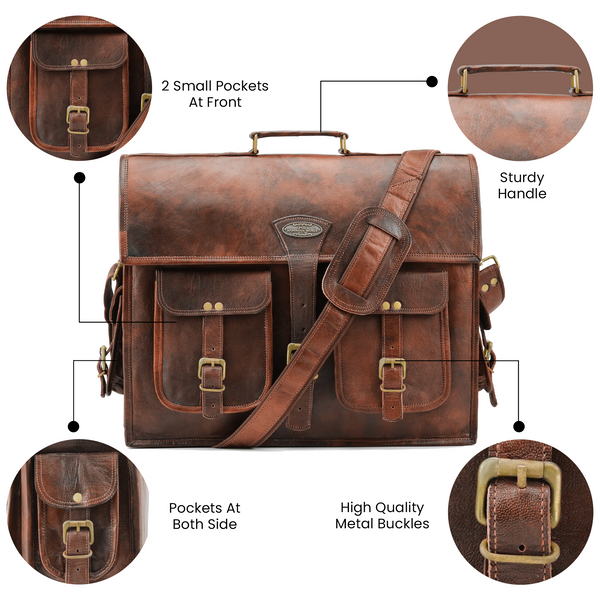 Brown Leather Messenger bag By Handmade World, Showing leather satchel bag and its features like sturdy handle, high quality metal fittings, front and side pockets.