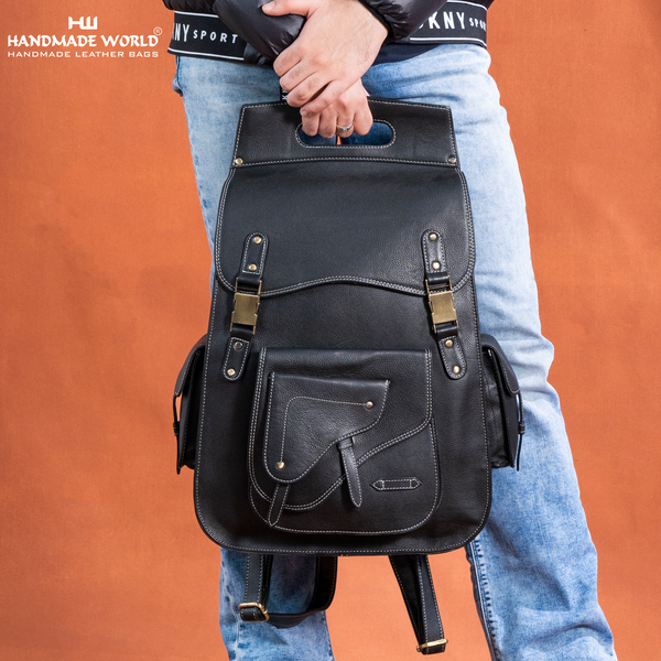 black leather backpack messenger bag The Elegant Expanse Black