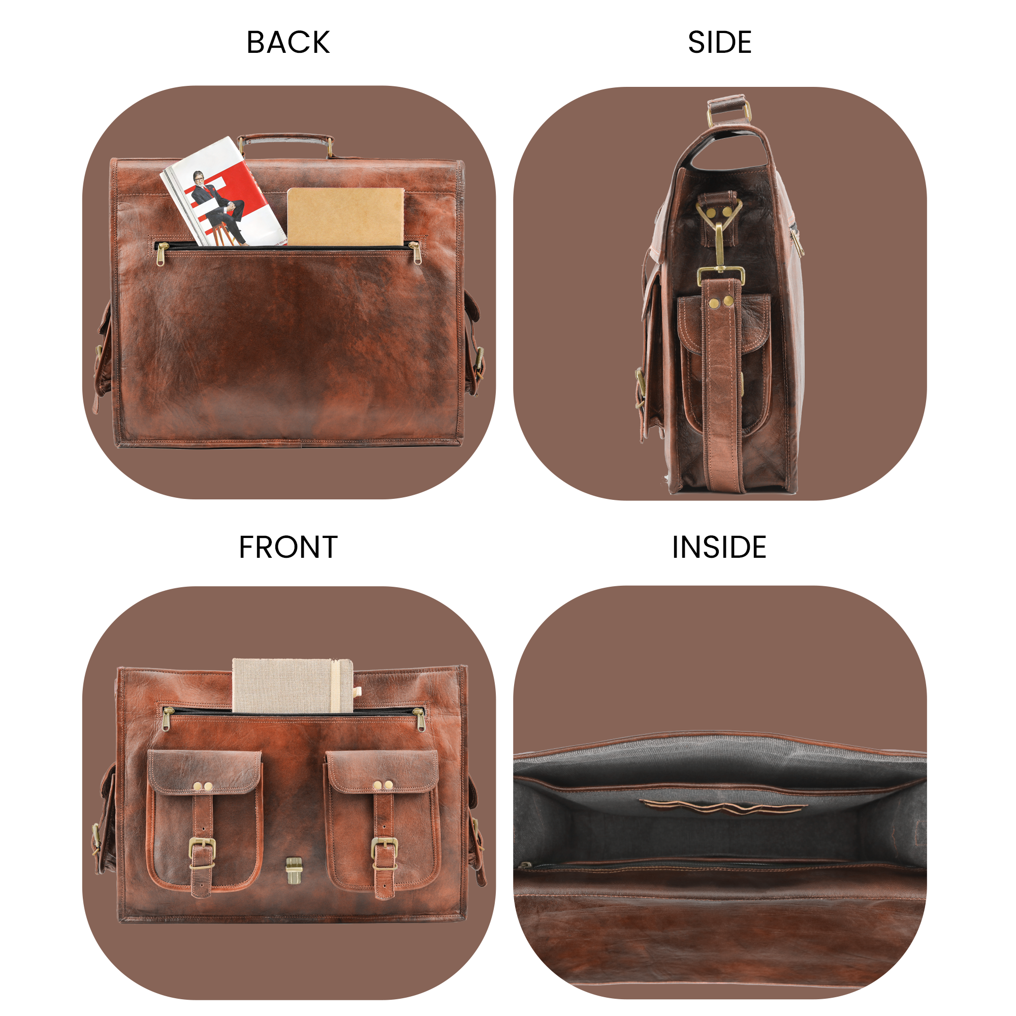Back, Side, Front, Inside Images of the leather Satchel Bag It Shows different zipper pockets and laptop sleeve