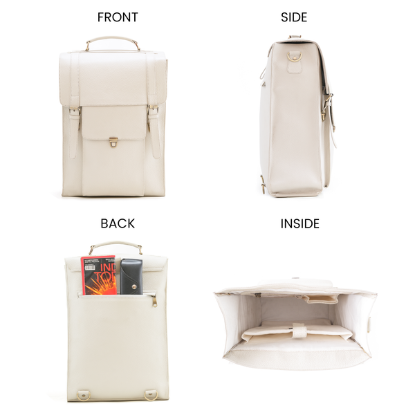 Handmade World Leather Backpack Convertible To Vertical Messenger Computer Bag 'The Edward' Fits 17 Inch Laptop For Business (White)