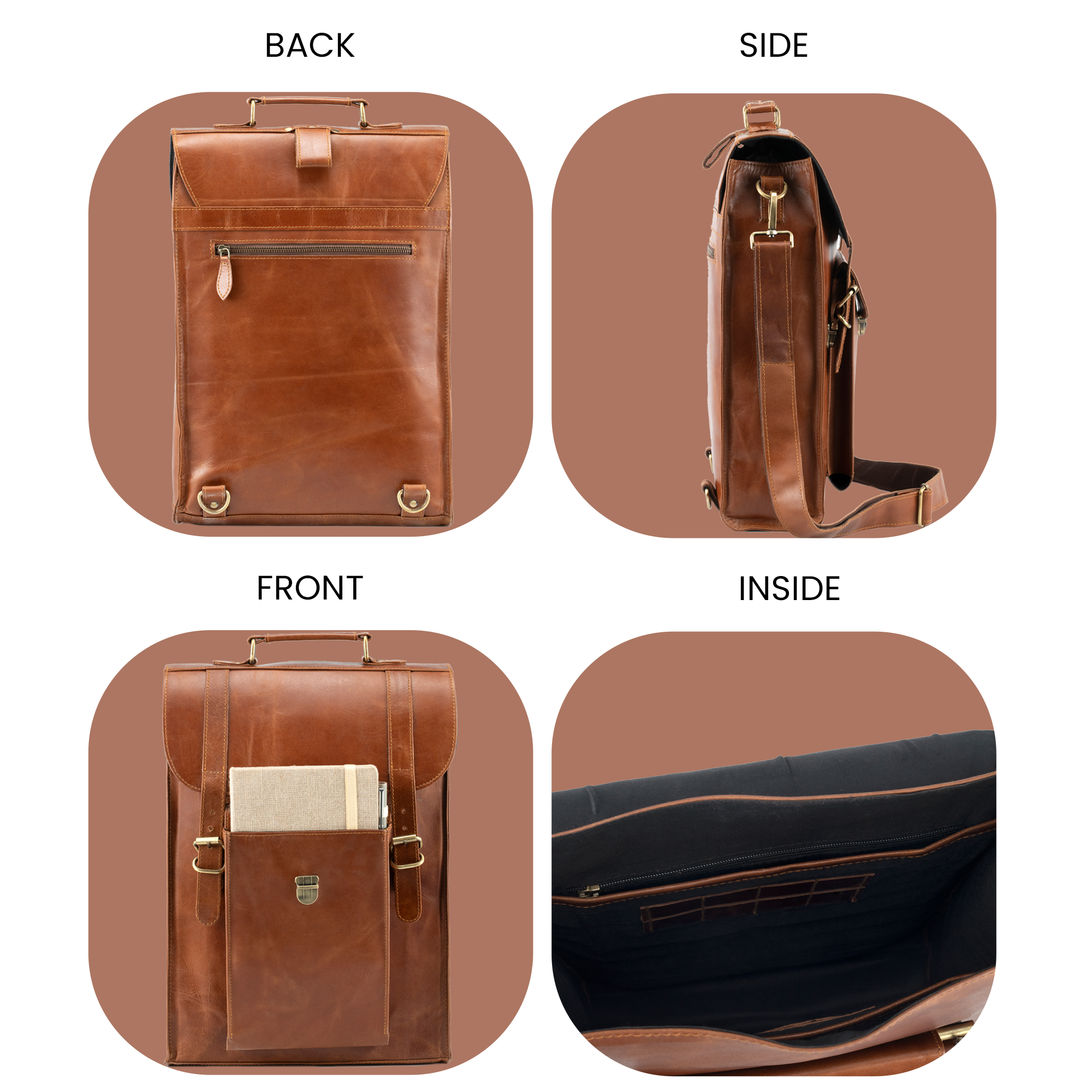 highlighting all sides of the leather bag showing back zipper pocket, side fittings, front pocket, and inside of leather backpack