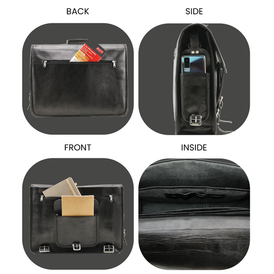 Showing bag from all sides and from inside where back zipper pocket, front zipper and slip in pocket and side small pockets