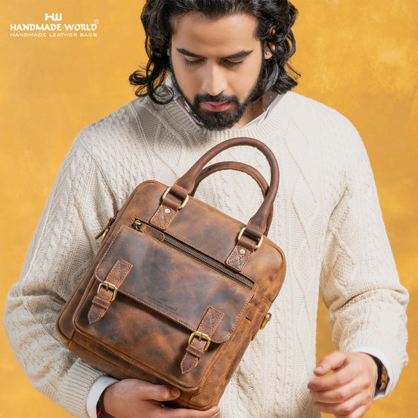 Handmade World Leather Messenger Crossbody Bag for Men Women The Dune Compatible with Tablets for Work Business Travel Man Purse