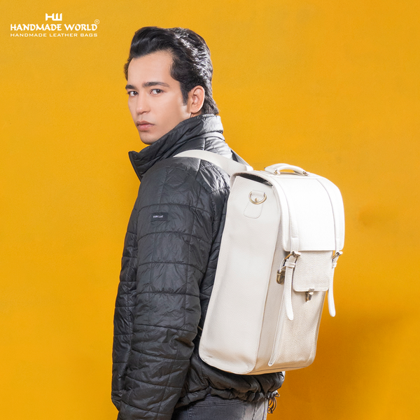 Handmade World Leather Backpack Convertible To Vertical Messenger Computer Bag 'The Edward' Fits 17 Inch Laptop For Business (White)