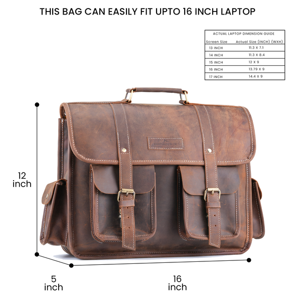 Showing the size comparison of the leather satchel bag with the size chart for better selection