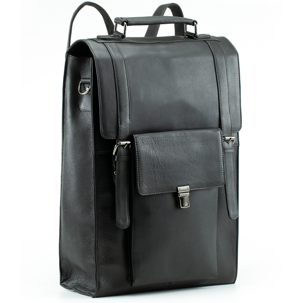 Handmade World Black NDM leather convertible messenger backpack with front pocket buckle closure