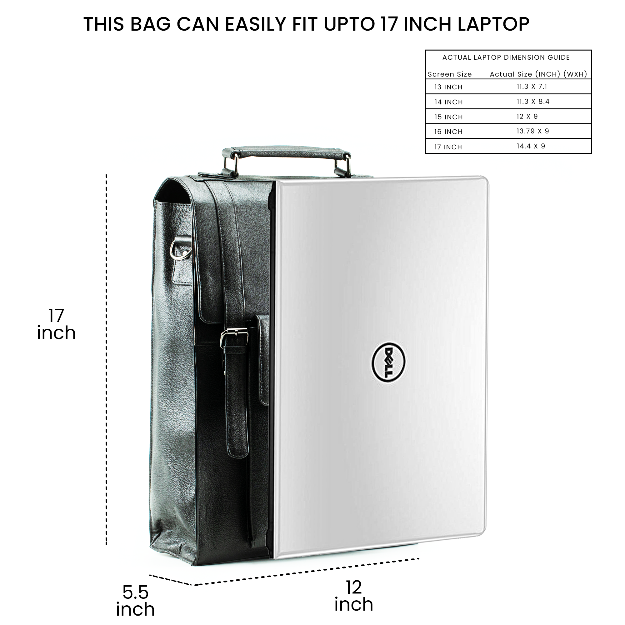 showing the size comparison of the bag with a laptop and size chart is provided for better comparison