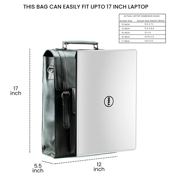 showing the size comparison of the bag with a laptop and size chart is provided for better comparison