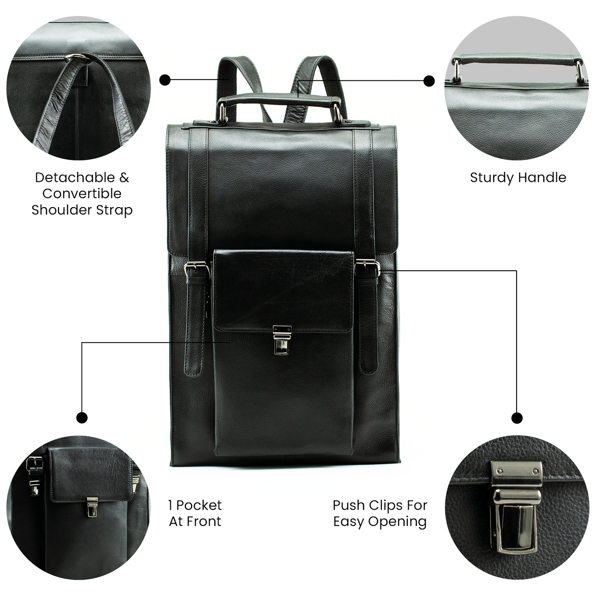 Highlighting the features of the bag like detachable & adjustable shoulder strap, sturdy top handle, front pocket, and push clip closure