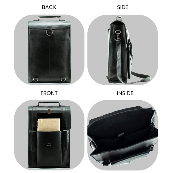 highlighting all sides of the leather bag showing back, side fittings, front pocket, and inside of leather backpack