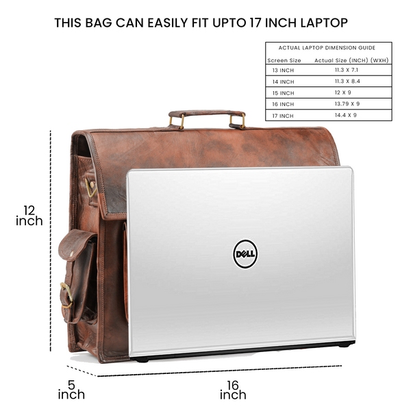 Brown 16 Inch Leather Laptop Bag by Handmade World, the dimensions are 16 inch width, 5 inch depth, 12 inch height, can fit 15 inch MacBook or any 17 inch laptop.