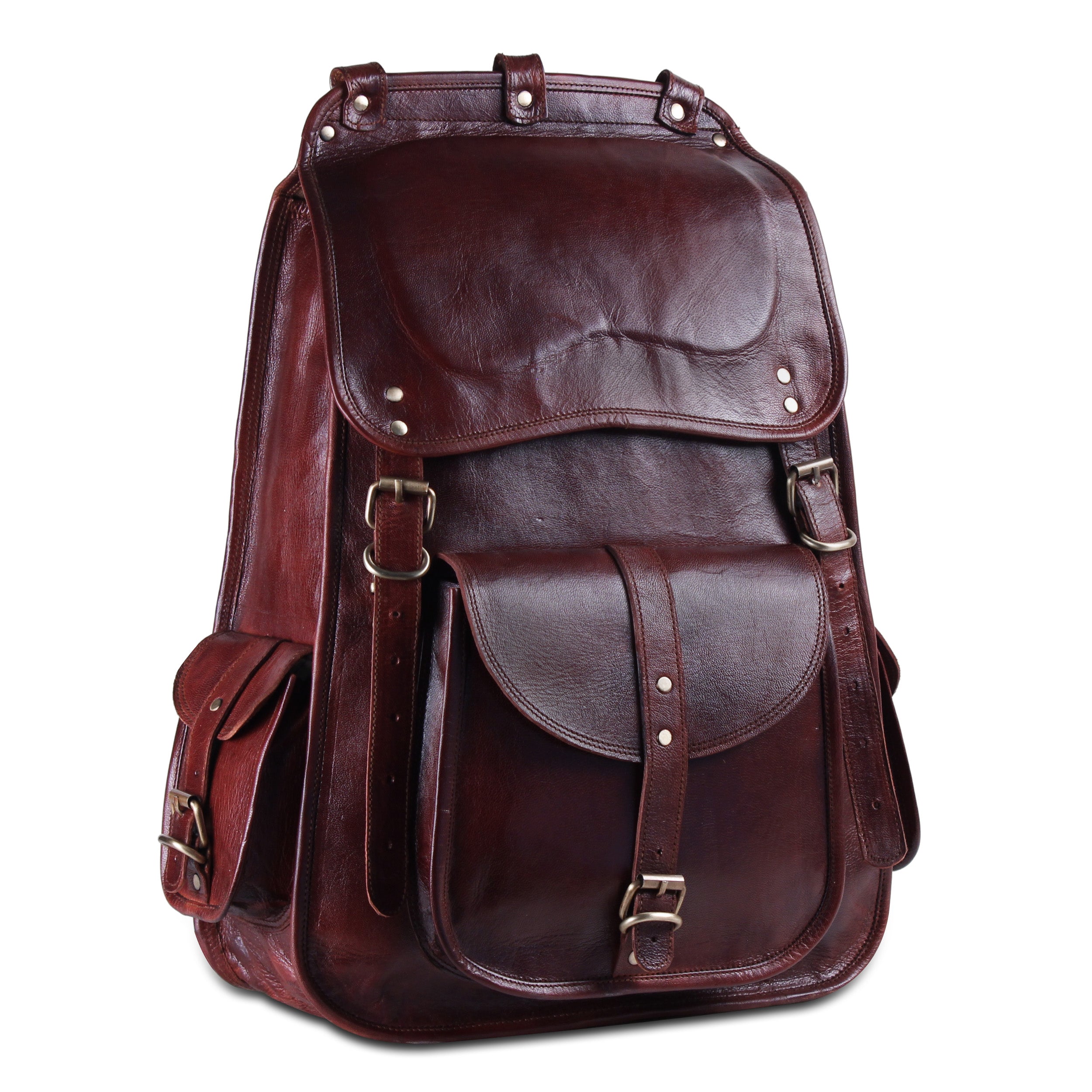 Brown Leather Backpack By Handmade World with Front and Side Pockets and White Background