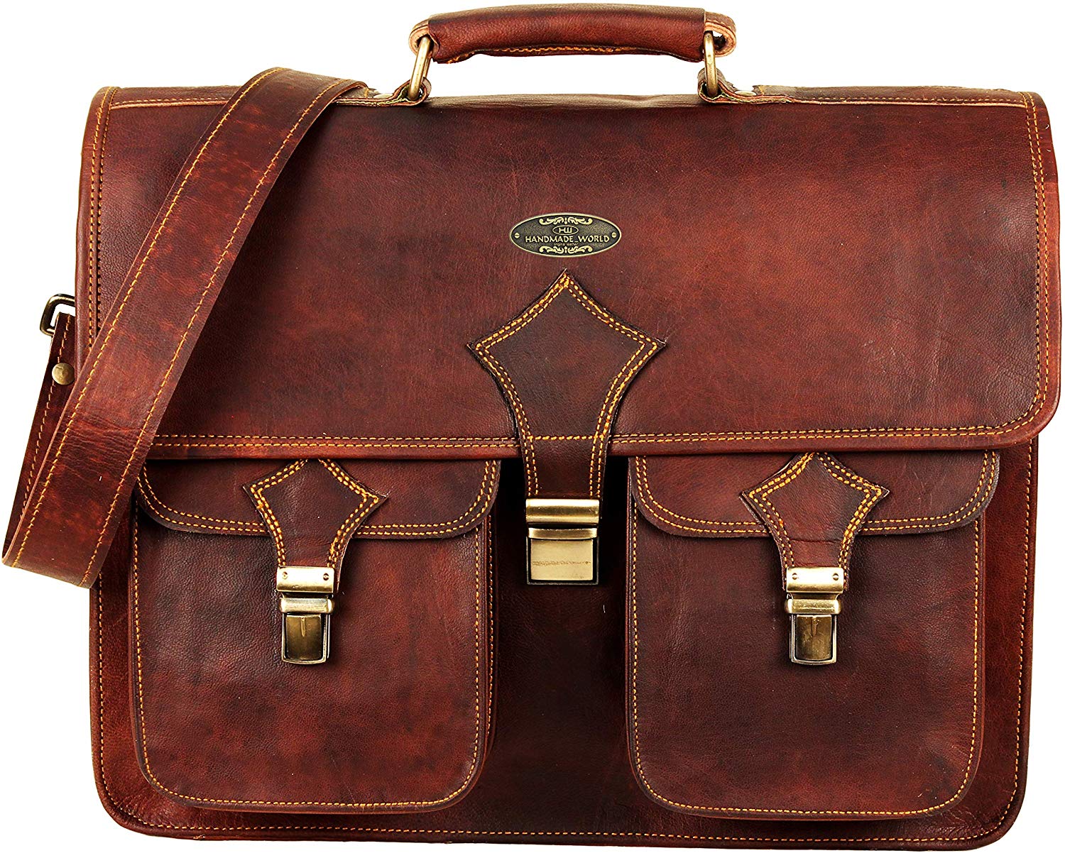 Front View of Leather Messenger laptop Bag with Adjustable Strap with Push Lock