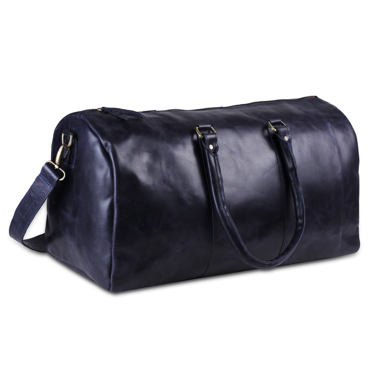 Genuine Leather Dark Blue Duffle Bag with Top Handle