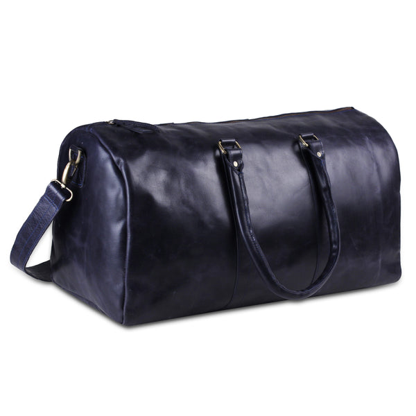 Genuine Leather Dark Blue Duffle Bag with Top Handle