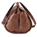 Side View Of Brown Leather Bucket Bag with Adjustable Strap