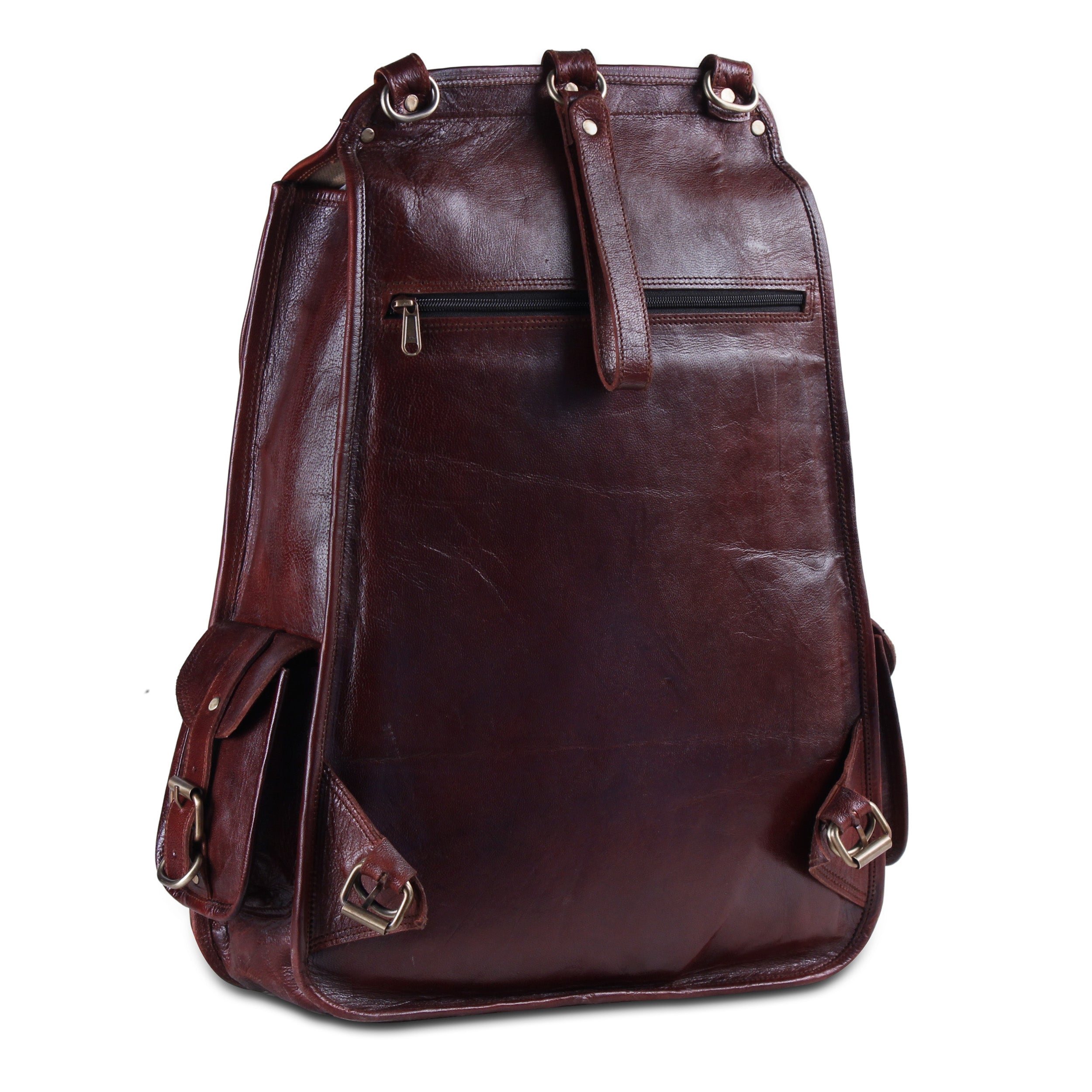 back view of the leather laptop backpack without adjustable strap 