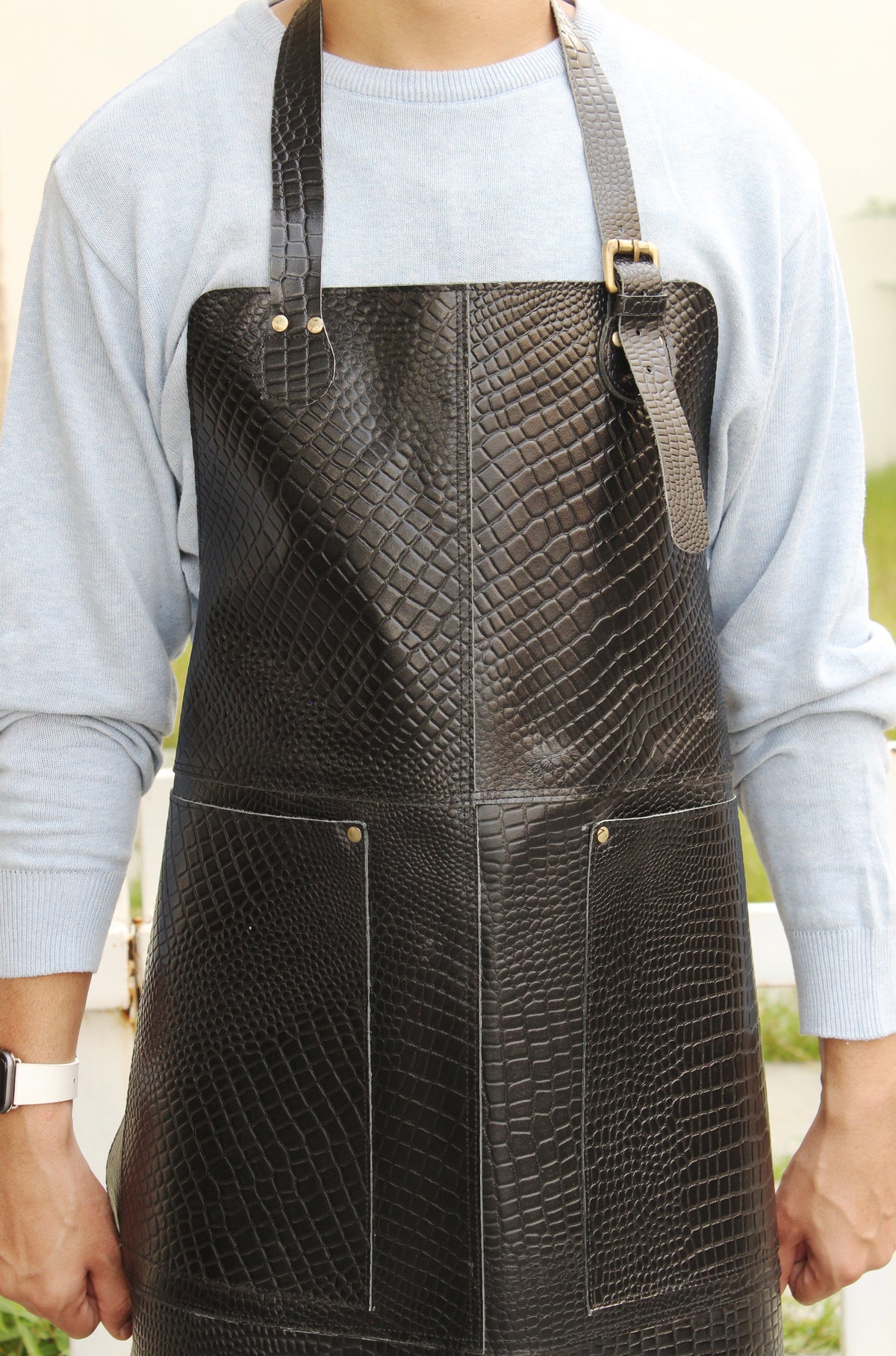 Model with Genuine Leather Black Crocodile Textured Apron with Adjustable Strap and Pocket