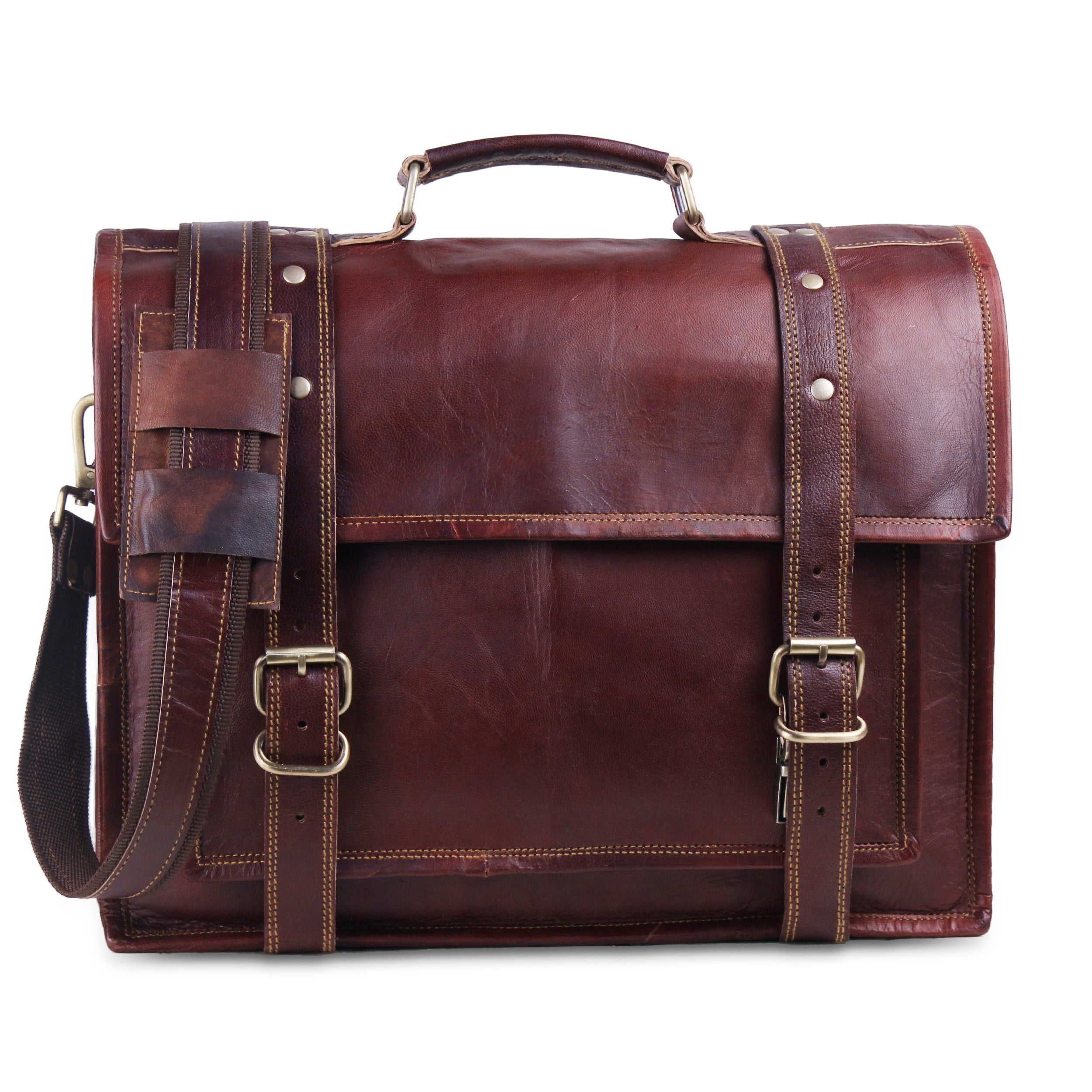 Front View of Genuine Leather Top Handle Messenger Bag