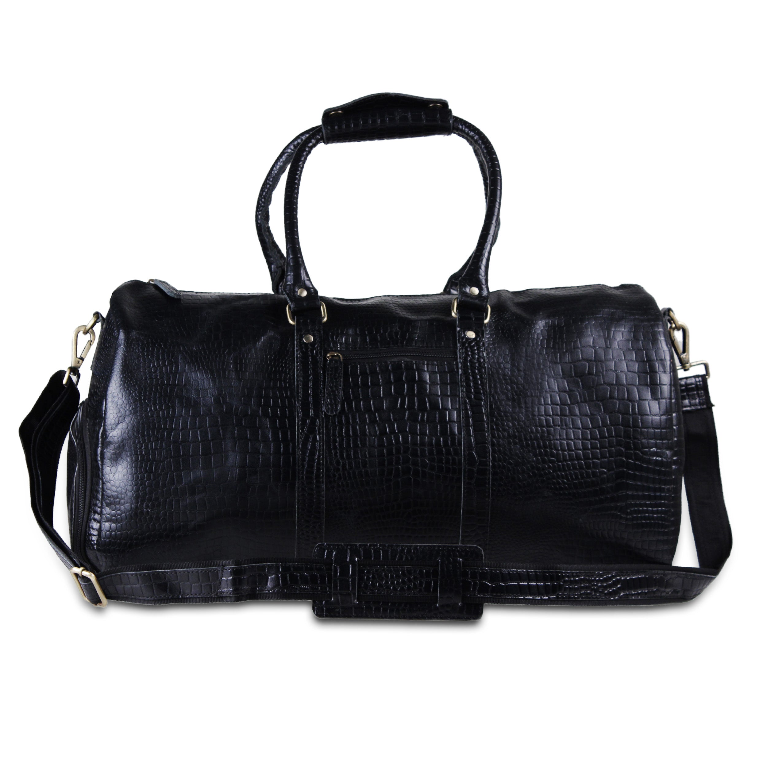 Front View of Textured Black Leather Messenger Top handle Duffle Bag