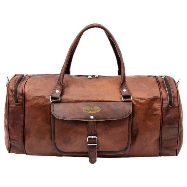 Front View of Large Leather Weekender Duffle Bag with Top Handle